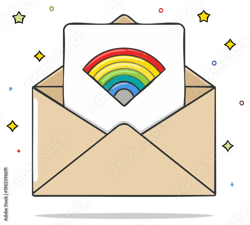 Envelope containing a letter with a colorful rainbow design and star accents