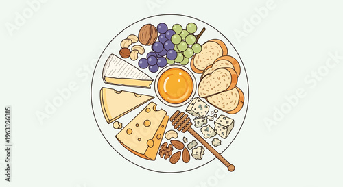Delicious Cheese Platter with Honey and Fruits.