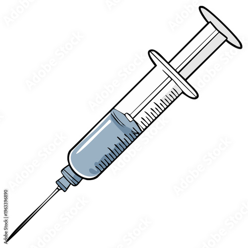 Cartoon syringe with liquid ready for injection, medical equipment illustration.