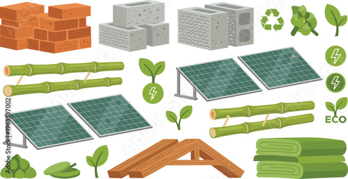 Sustainable Building Materials and Renewable Energy Illustration with Bricks, Concrete Blocks, Bamboo, Solar Panels, Wood Structures, and Eco Friendly Construction Elements Set