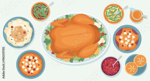 Delicious Roasted Turkey Dinner Feast with Side Dishes.