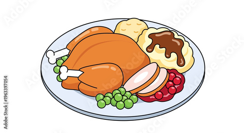 Delicious Roasted Turkey Dinner with Mashed Potatoes and Cranberries.