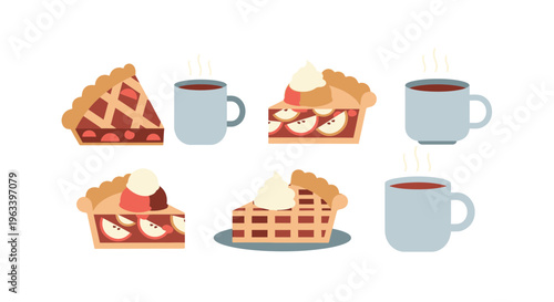 Delicious Slices of Fruit Pie with Whipped Cream and Hot Drinks.