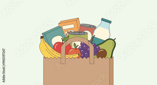 Grocery bag filled with fresh fruits and vegetables.
