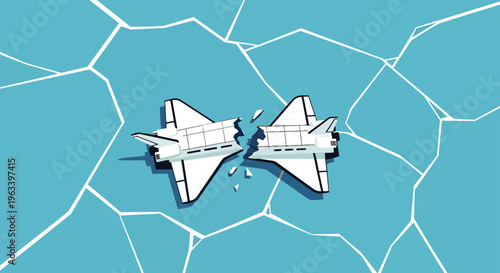 a broken space shuttle lies on a cracked surface after an accident symbolizing mission failure and potential explosion tragedy