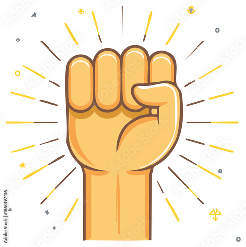 Fist raised with radiating lines in cartoon style, symbolizing power and strength.