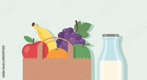 Healthy Groceries In A Paper Bag With Milk Bottle.