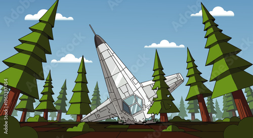 a cartoon crashed spaceship nose-dives into a lush green forest an animated sci-fi scene of an accidental landing.