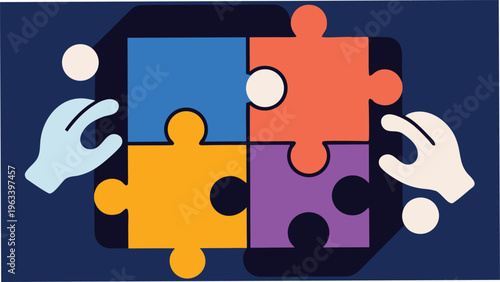 Hands placing four colorful puzzle pieces together on a dark blue background with dots