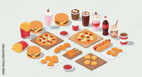Isometric Fast Food Collection Delicious Meal Assortment.