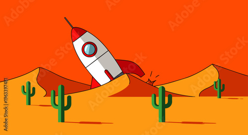 a cartoon rocket crash lands into a large sand dune in a vast desert with cacti symbolizing an unexpected mission failure.