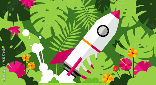 a white rocket launching from a vibrant tropical jungle with colorful flowers symbolizing innovation new beginnings and sustainable growth