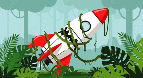 abandoned rocket ship overgrown with green jungle vines symbolizing lost technology and natures power to reclaim