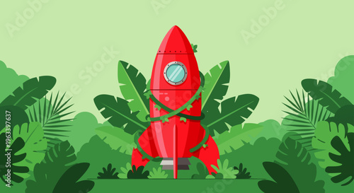 abandoned rocket ship overgrown with green vines in a lush jungle depicting forgotten technology and natures reclaim for exploration.