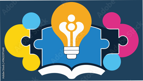 Lightbulb and book with puzzle pieces idea concept on dark blue background vector