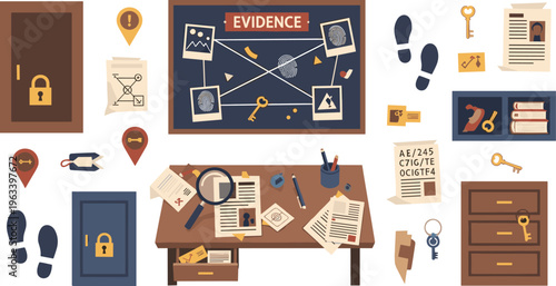 Crime Investigation Scene Illustration with Evidence Board, Detective Desk, Clues, Footprints, Documents, and Forensic Analysis Elements for Mystery and Police Case Design