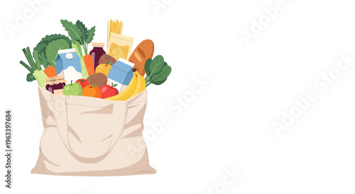 Reusable grocery bag filled with fresh organic produce and food items.