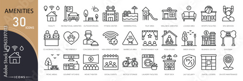 Amenities icons set representing facilities like wifi, parking, pool, gym, spa, security, air conditioning, room service and comfort services for hotel, home and public places. Clean outline style. 