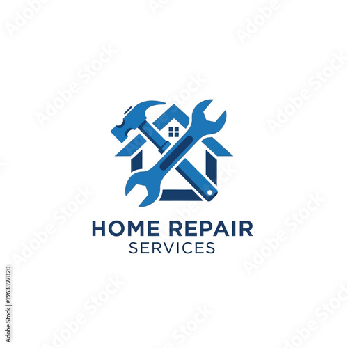 Home repair services logo with blue hammer wrench and house silhouette for construction assistance.