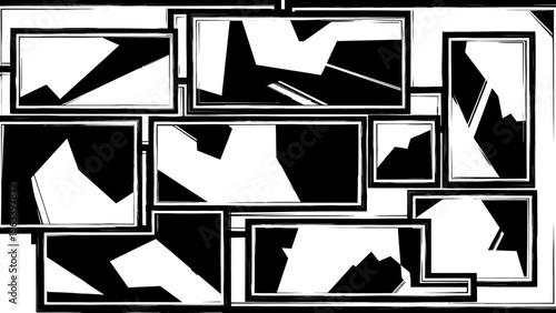 abstract art design showcasing black and white fragmented geometric patterns in framed panels ideal for modern conceptual visuals.