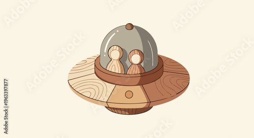 a wooden toy ufo and toy spaceship with peg dolls inside a cute illustration perfect for childrens themes and playful design concepts