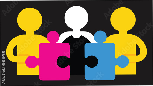 Minimalist silhouettes of people holding large puzzle pieces showing collective contribution