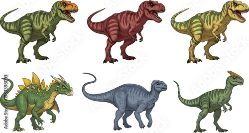 Cartoon Dinosaur Character Set Featuring Various Dinosaur Species in Different Poses for Websites, Apps, and Digital Media