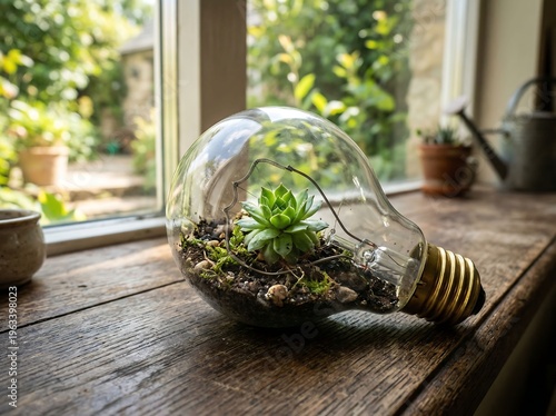 Mini indoor garden in a repurposed light bulb on a wooden table