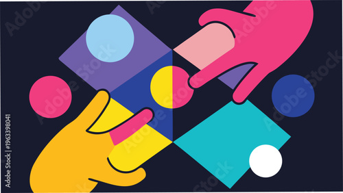 Overlapping geometric shapes and hands representing multicultural unity and shared resources