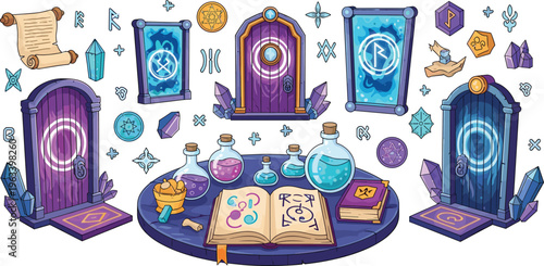 Fantasy Magic Portal Illustration Set with Enchanted Doors, Potion Bottles, Spell Book, Crystals, and Mystic Symbols for Game Assets and RPG Design