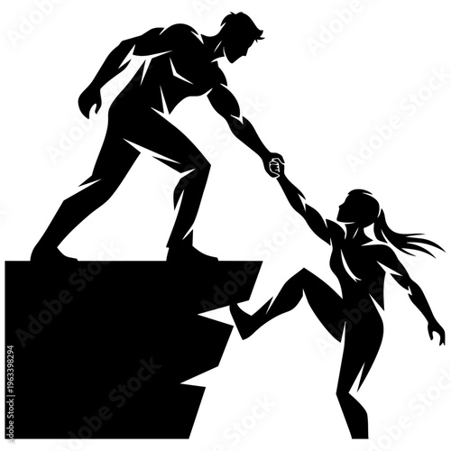 A man helping a woman up a broken cliff isolated on transparent background, Vector