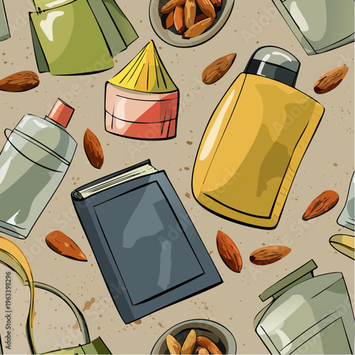 Various cosmetic and beauty products displayed in a seamless pattern.