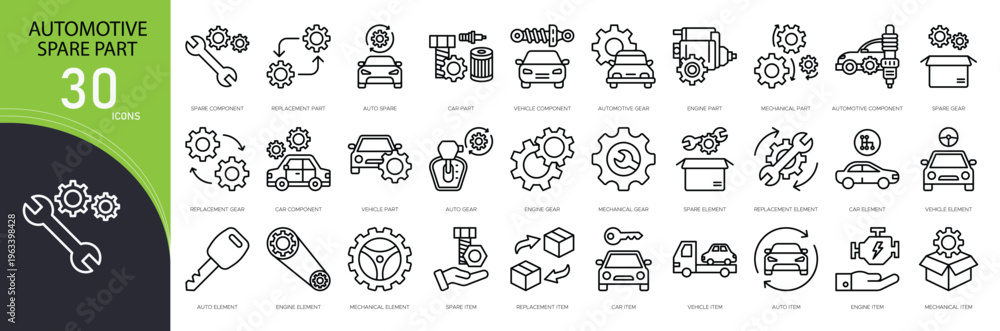 Fototapeta premium Automotive spare parts icons set representing engine parts, tires, brake, battery, tools, repair, maintenance, vehicle components and auto service in clean outline style.