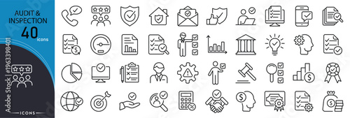 Audit inspection icons set representing checking, verification, compliance, quality control, review, reporting, checklist and evaluation processes in clean outline style.