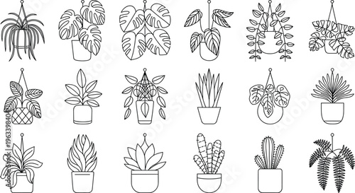 Set of 18 outline illustrations of various indoor houseplants in pots and hanging planters on white background