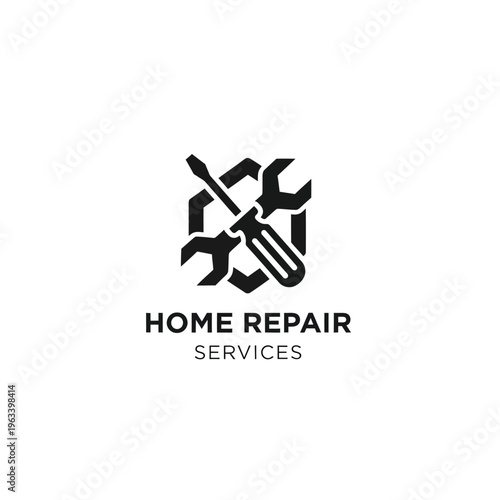 Home repair services logo with screwdriver and wrenches for handyman.