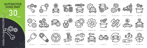 Automotive spare parts icons set representing engine parts, tires, brake, battery, tools, repair, maintenance, vehicle components and auto service in clean outline style.