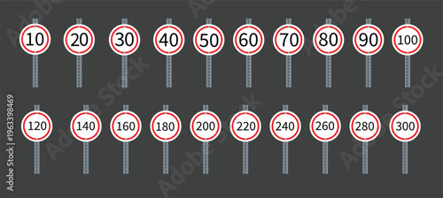 Set of speed limit traffic signs on poles with different speed values isolated on dark background