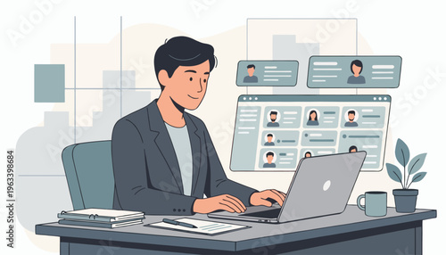Flat illustration of a male human resources professional using a laptop to review candidate profiles on a digital recruitment dashboard in a modern office workstation setting.