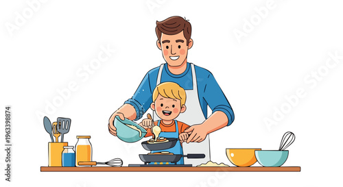A cartoon illustration of a man and a child in aprons baking together with mixing bowls and utensils on a kitchen counter.