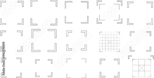 Minimal Corner Frame Elements Set with Geometric Line Shapes, Grid Guides, and Modern UI Design Components for Layout, Cropping, and Interface Decoration