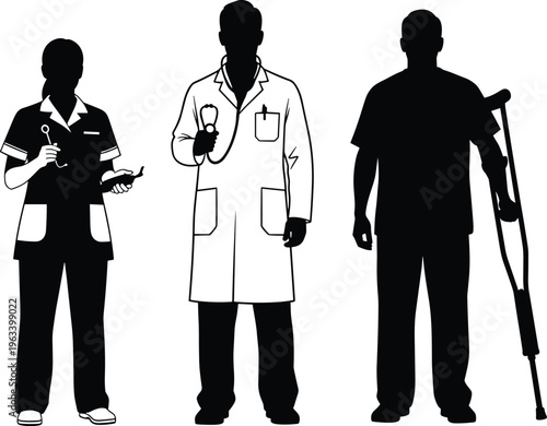 Medical staff silhouettes with nurse doctor and injured patient on crutches, healthcare concept, rehabilitation support, hospital care, professional vector illustration