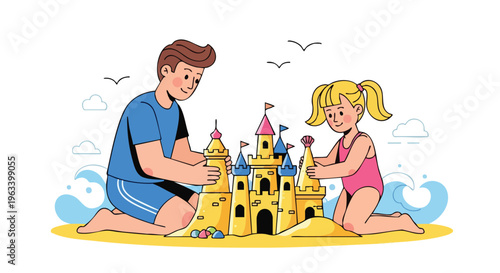 Illustration of a man and a girl building a sandcastle on a beach with a sunny and playful atmosphere.