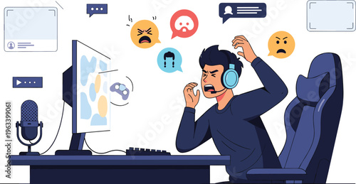 Angry Gamer Illustration with Headphones, Computer Setup, Streaming Microphone, Online Chat Reactions, and Frustrated Player Emotions for Gaming and Esports Concept