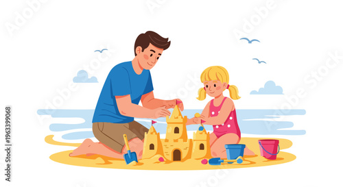 Illustration of a man and a little girl building sandcastles on a beach with buckets and shovels.