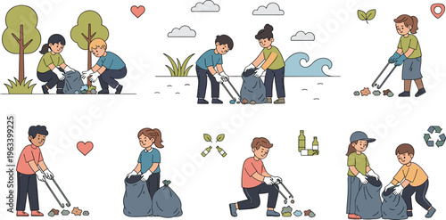 People Cleaning Environment Illustration with Volunteers Collecting Trash, Recycling Waste, Beach Cleanup Activities, and Eco Friendly Community Service for Environmental Protection Design