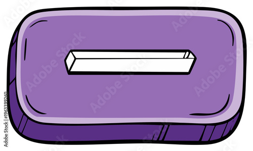 Illustrated purple soap dish with white bar of soap; bathroom or washroom supplies, hygiene and cleanliness concept, doodle cartoon art