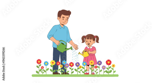 A man and a little girl watering colorful flowers with watering cans on a green lawn against a clean white background with a cheerful mood.