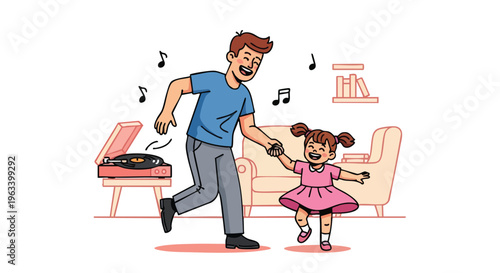 A man and a little girl dancing together in a living room with a record player and couch in the background with a playful mood.