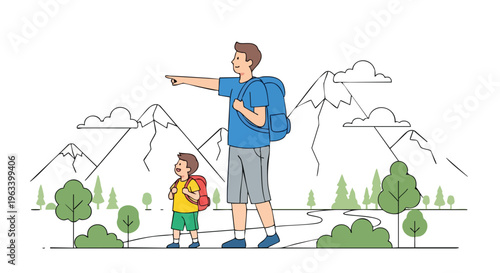 Illustration of a man and a child hiking with backpacks, pointing at a scenic mountain landscape with trees and clouds.
